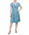 Ny Collection Women's Short Sleeve Jacquard Knit Seamed Dress In Teal Dust Patch