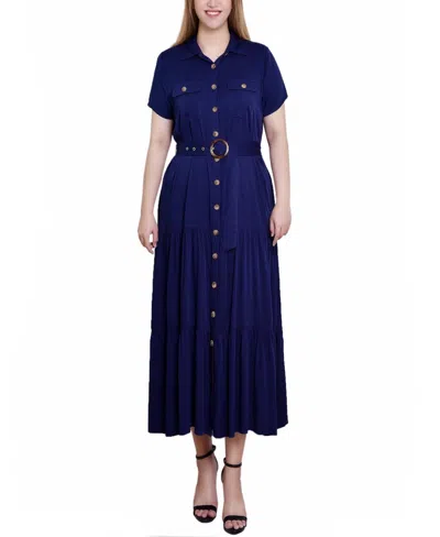 Ny Collection Women's Short Sleeve Midi Twill Dress In Navy