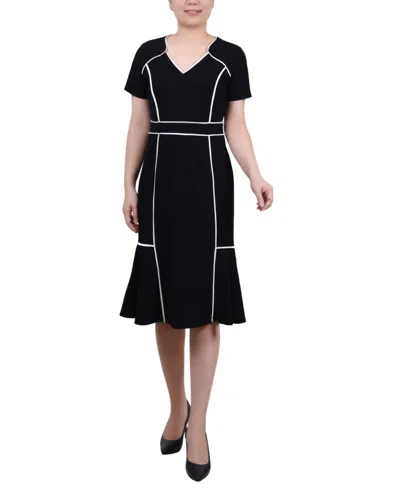 Ny Collection Women's Short Sleeve Piped Detail Dress In Black,white
