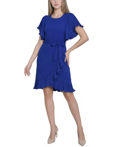 Ny Collection Women's Short-sleeve Pleated Ruffle Dress In Blue