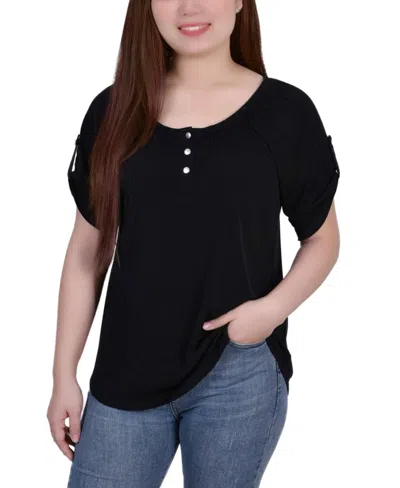 Ny Collection Petite Size Short Sleeve Round Neck Henley Top In Black