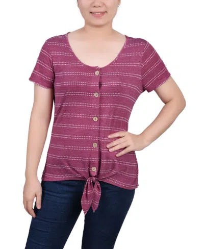 Ny Collection Women's Short Sleeve Tie Front Top In Burgundy