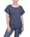 Ny Collection Women's Short Sleeve Tie Front Top In Navy Double Stripe
