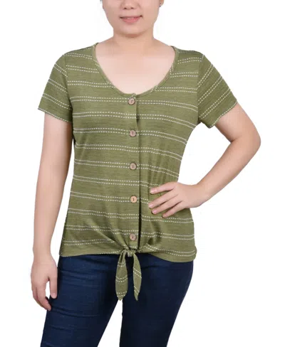 Ny Collection Women's Short Sleeve Tie Front Top In Olive