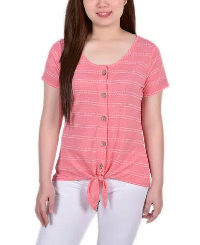 Ny Collection Women's Short Sleeve Tie Front Top In Pink