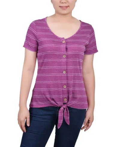 Ny Collection Women's Short Sleeve Tie Front Top In Purple