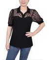 Ny Collection Petite Short Sleeve Dotted Mesh Top In Black