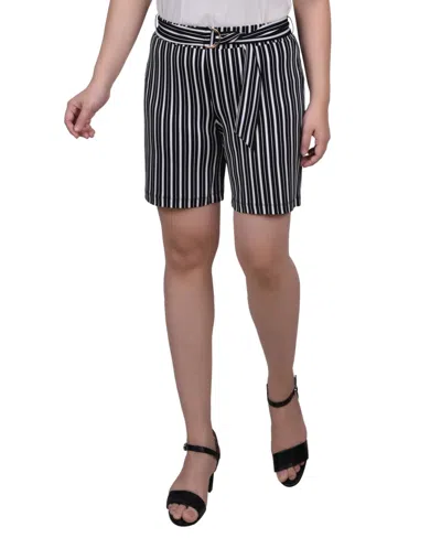 Ny Collection Petite Ring Belt Knit Shorts In Black,white Stripe