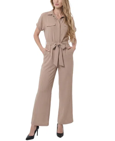 Ny Collection Women's Short-sleeve Belted Jumpsuit In Neutral