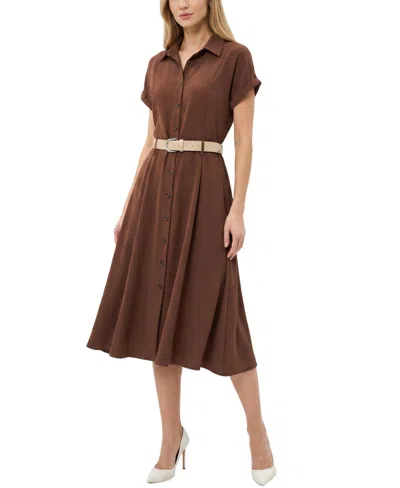 Ny Collection Women's Short-sleeve Button Front Belted A-line Dress In Brown