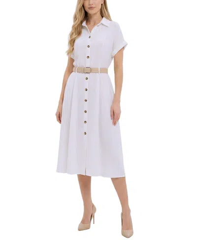 Ny Collection Women's Short-sleeve Button Front Belted A-line Dress In White
