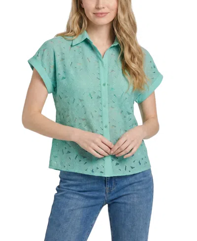 Ny Collection Women's Short-sleeve Point-collar Button-down Top In Aquarelle