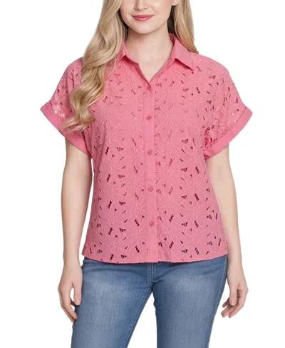 Ny Collection Women's Short-sleeve Point-collar Button-down Top In Conshell