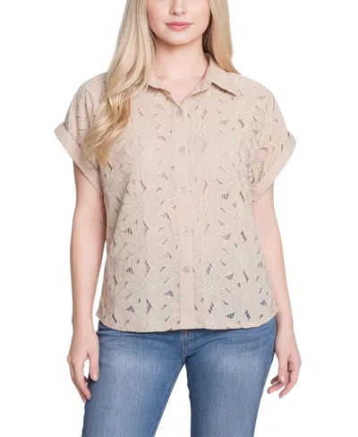 Ny Collection Women's Short-sleeve Point-collar Button-down Top In Doeskin