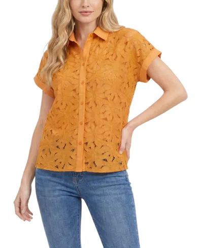 Ny Collection Women's Short-sleeve Point-collar Button-down Top In Golden Glow