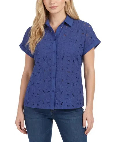 Ny Collection Women's Short-sleeve Point-collar Button-down Top In Patriot Blue