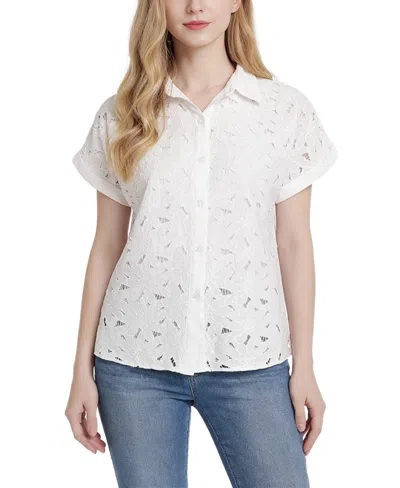Ny Collection Women's Short-sleeve Point-collar Button-down Top In White