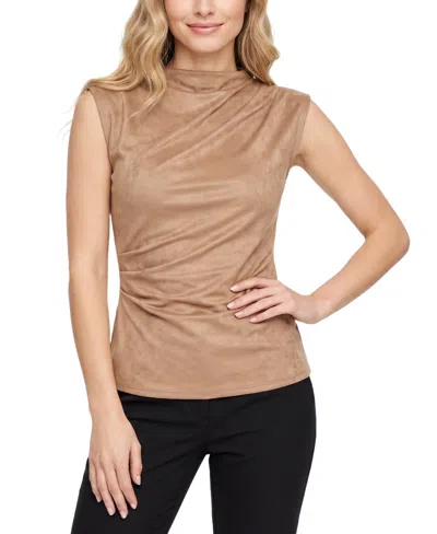 Ny Collection Women's Sleeveless Mock-neck Faux-suede Blouse In Brown