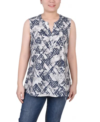 Ny Collection Petite Sleeveless Printed Pintucked Blouse In Neutral Acutelines
