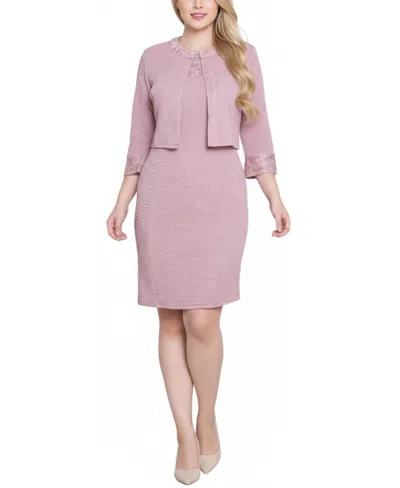 Ny Collection Women's Two Piece Novelty Knit And Lace Dress Set In Pink