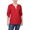Ny Collection Women's 3/4 Roll Tab Zip Front Jacquard Knit Top In Red