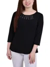 Ny Collection Petite 3/4 Sleeve Crepe Knit Top In Black