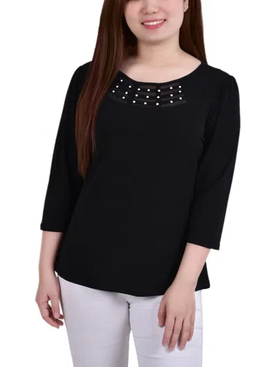 Ny Collection Womens Crepe Mesh Inset Blouse In Black