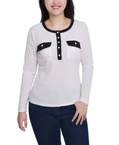 Ny Collection Womens Long Sleeve Contrast Detail Top In White