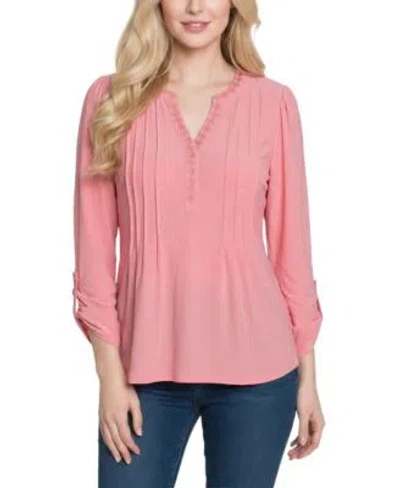 Ny Collection Womens Long Sleeve Pleat Front Roll Tab Top In Pink