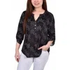 Ny Collection Women's 3/4 Roll Tab Sleeve Y-neck Top In Black