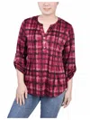 Ny Collection Plus Size 3/4 Roll Tab Sleeve Y Neck Top In Multi