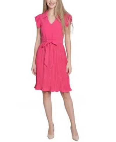 Ny Collection Womens Plisse Pleated Short Sleeve Dress In Pink