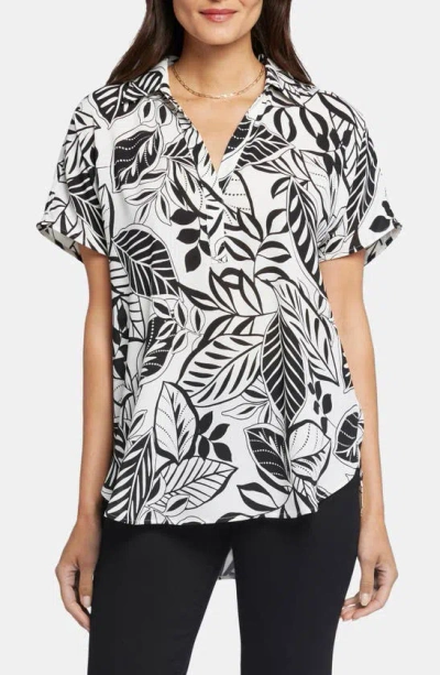 Nydj Becky Leaf Print Split Neck Woven Top In Gerania