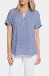 Nydj Becky Leaf Print Split Neck Woven Top In Heritage Geo Prussian Navy