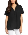 Nydj Becky Leaf Print Split Neck Woven Top In Black