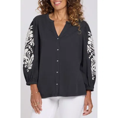 Nydj Embroidered Balloon Sleeve Cotton Button-up Shirt In Black
