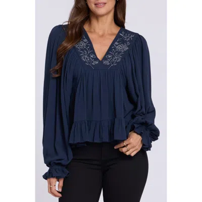 Nydj Embroidered Peasant Blouse In Black