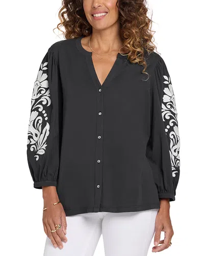 Nydj Embroidered Sleeve Split Neck Blouse In Gray