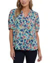 Nydj Floral Split Neck Draped Top In Blue