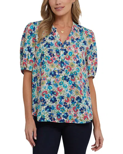 Nydj Floral Split Neck Draped Top In Blue