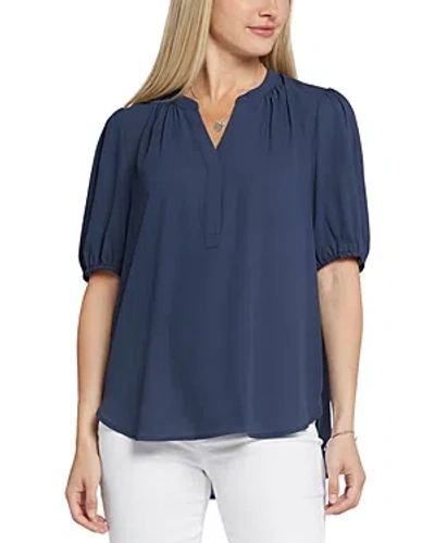 Nydj Floral Split Neck Draped Top In Oxford Navy