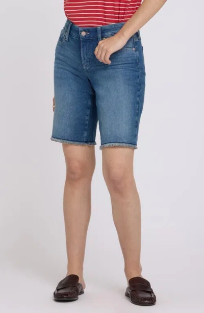 Nydj Lilly Frayed Relaxed Long Denim Shorts In Blue