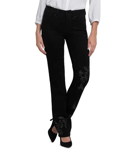 NYDJ MARILYN EMBROIDERED HIGH RISE STRAIGHT JEANS IN BLACK RINSE