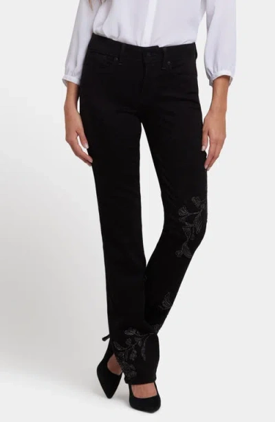 Nydj Marilyn Floral Embroidered Straight Leg Jeans In Black