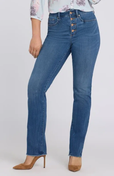 Nydj Marilyn High Waist Button Fly Raw Hem Straight Leg Jeans In Blue