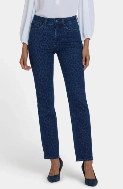 Nydj Marilyn Dark Denim Leopard Print Straight Leg Jean In Blue