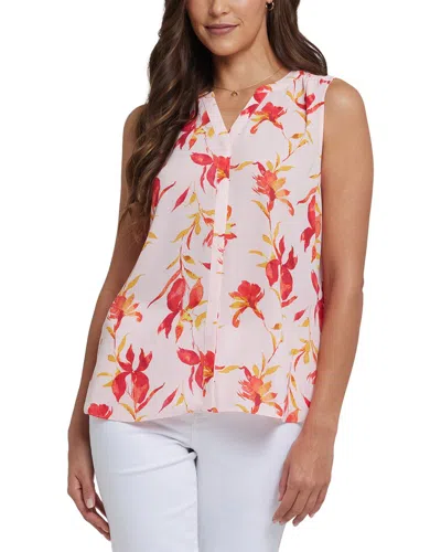 Nydj Print Pleat Back Sleeveless Split Neck Blouse In White