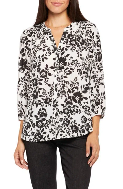 Nydj Three Quarter Sleeve Printed Pintucked Back Blouse In White