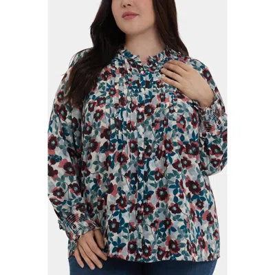 Nydj Pleat Smocked Peasant Blouse In Blue