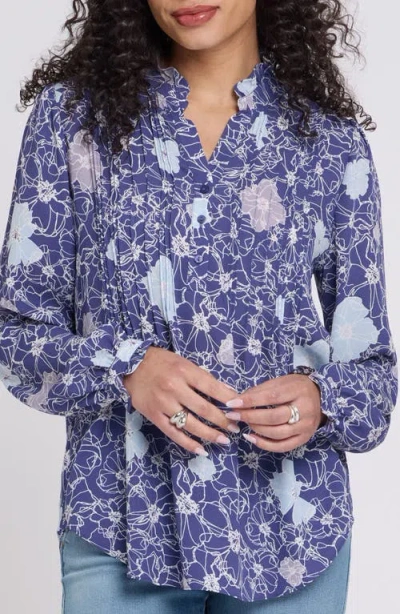 Nydj Pleated Yoke Long Sleeve Peasant Blouse In Blue